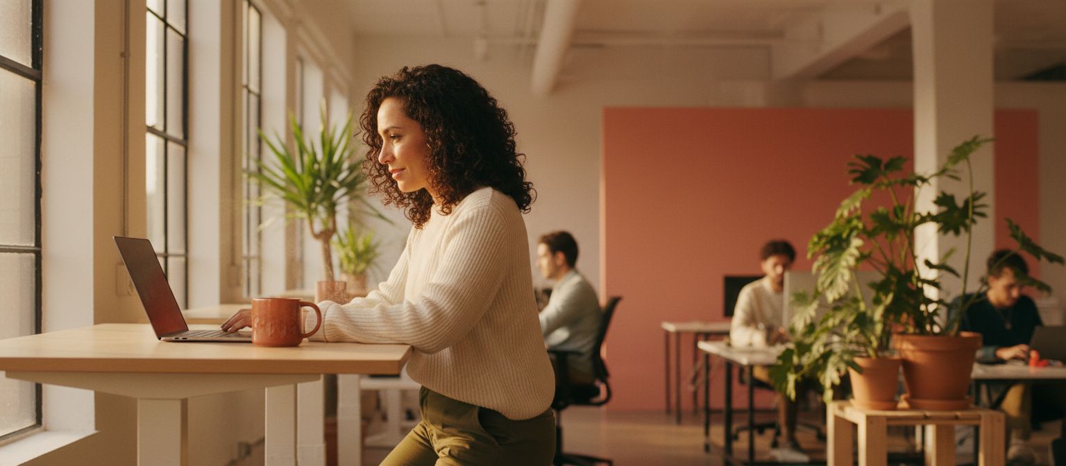 HR manager reviewing ICHRA platform options on a laptop at a bright, airy office desk