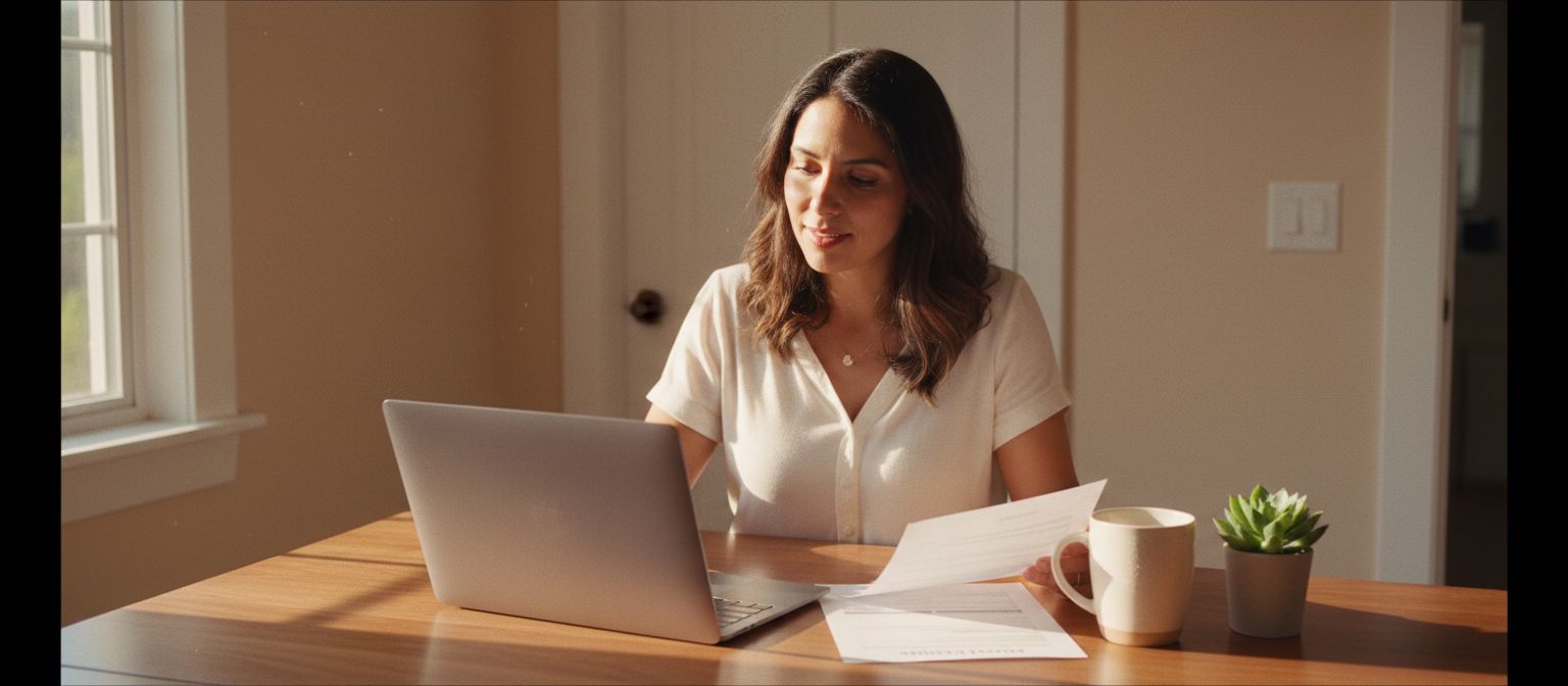 Small-business owner reviewing benefit documents at a bright kitchen-office table