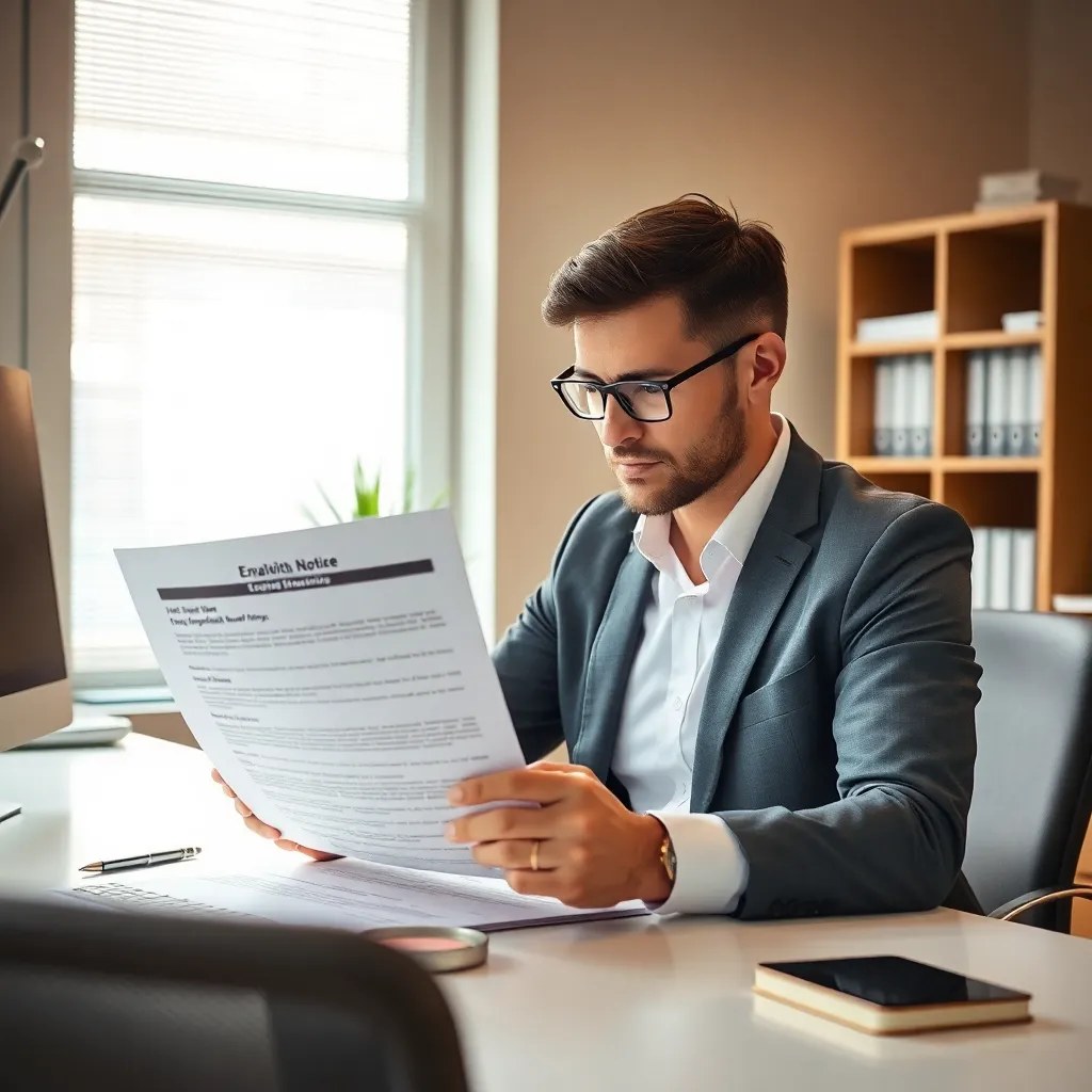 HR manager reviewing ICHRA employee notice documents at a professional desk