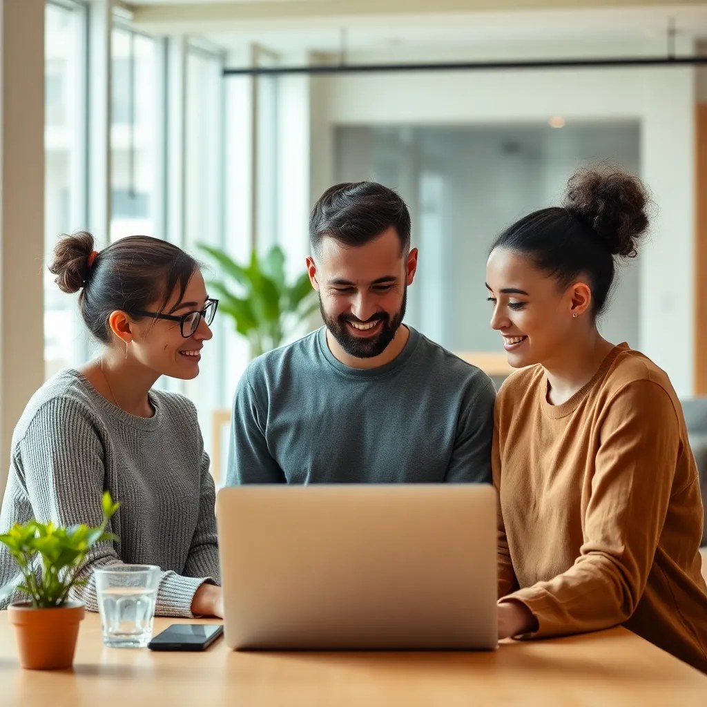 Small startup team reviewing employee health benefits options on a laptop in a modern office