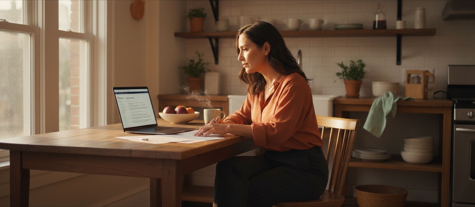 Small business owner reviewing health benefit documents at a bright kitchen counter