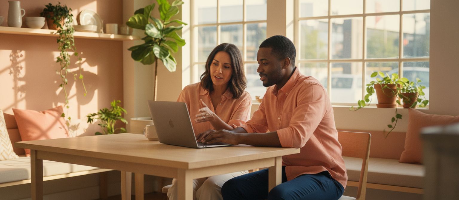 Small business owner and employee discussing health benefits over a laptop at a bright kitchen table