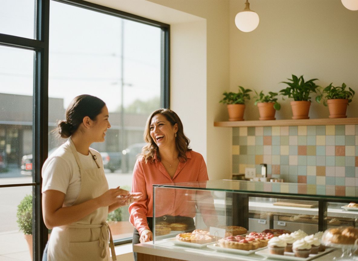 Small-business owner in her bakery reviewing employee benefits options